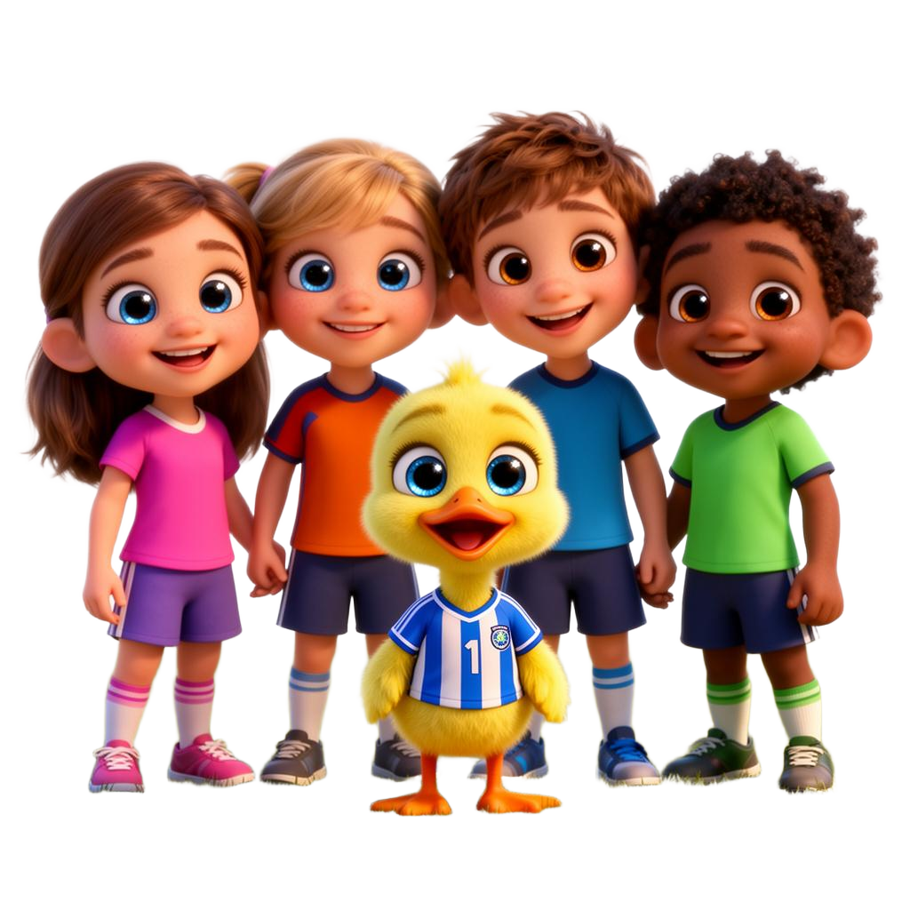 Maya, Lily, Theo and Ducky the duck on the soccer field